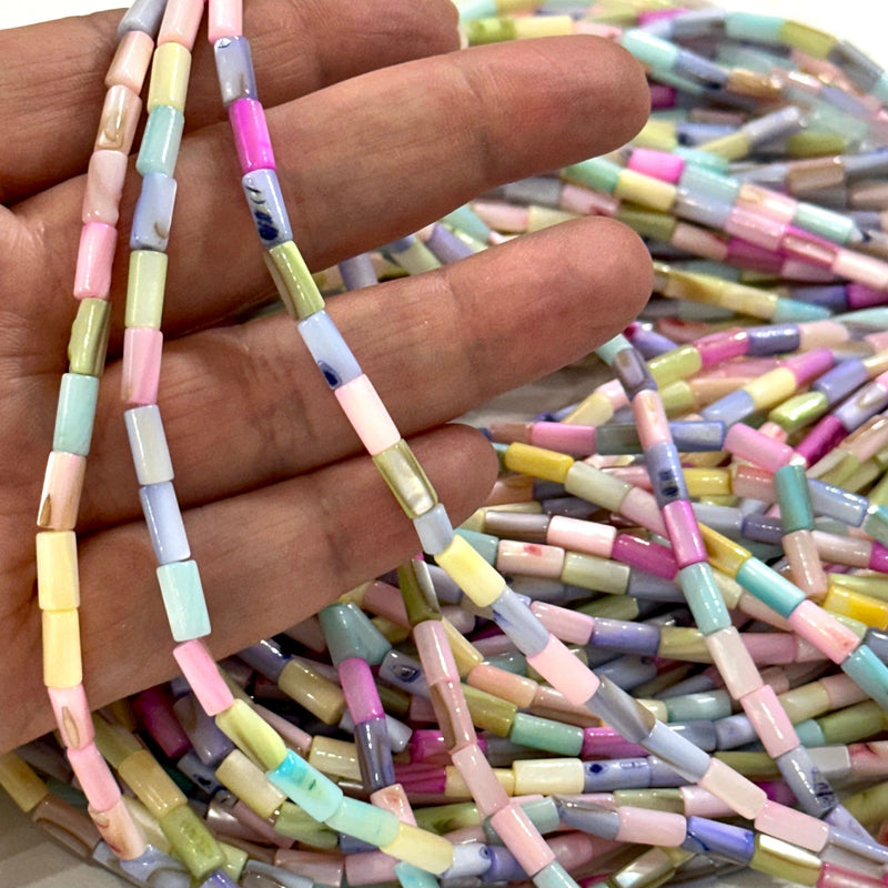 Mother Of Pearl Cylinder Beads, Pastel Colored Cylinder, 48 Beads Strand