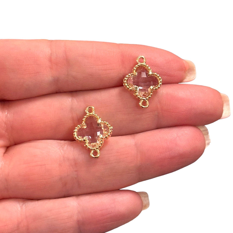 24Kt Gold Plated Rose Glass Clover Connector Charm, 2 pcs in a pack