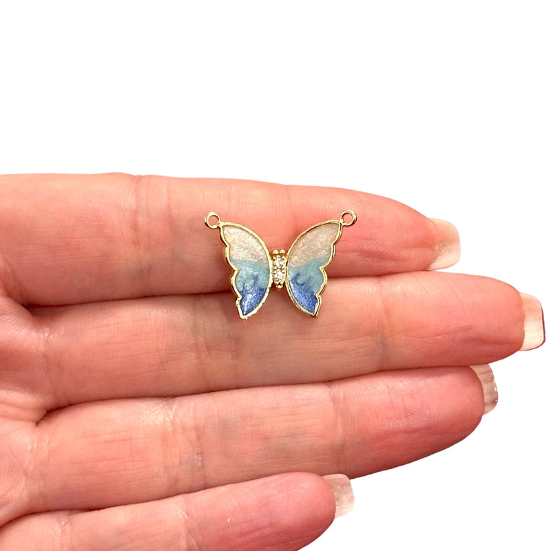 24Kt Gold Plated Enamelled Butterfly Connector Charm With Clear Cubic Zirconia