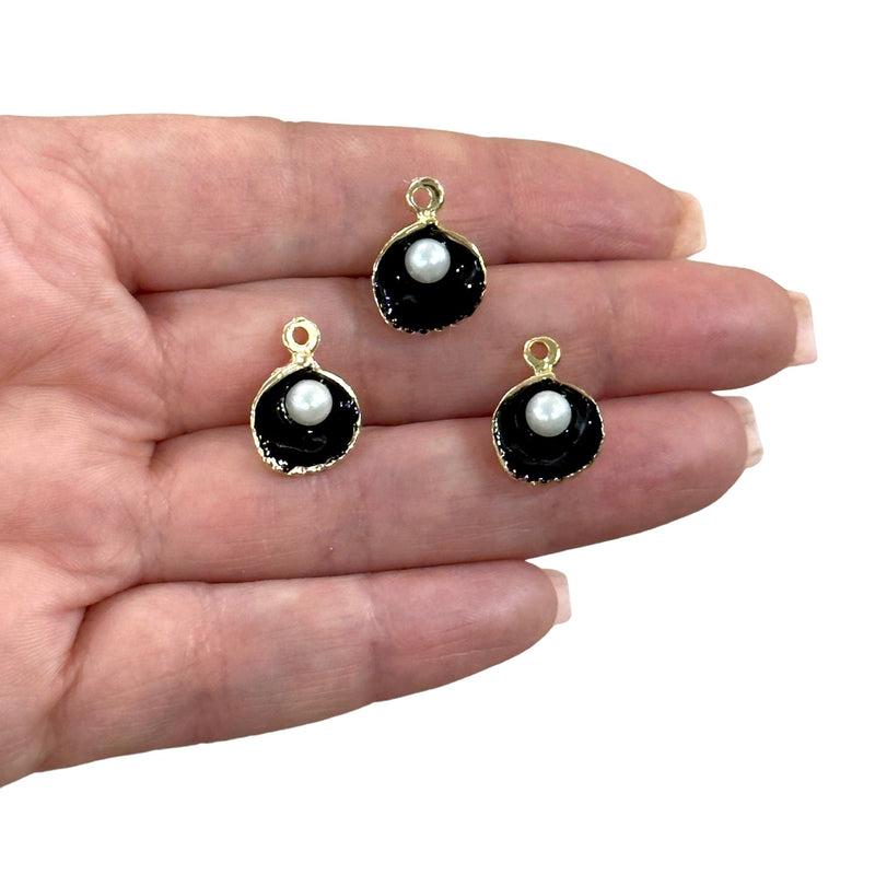 24Kt Gold Plated Black Enamelled Oyster Charms With Pearl, 3 pcs in a pack