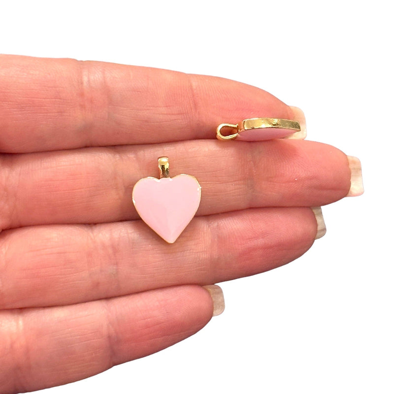 24Kt Gold Plated Double Side Pink Enamelled Brass Heart Charms, 2 pcs in a pack