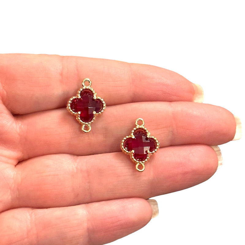 24Kt Gold Plated Ruby Glass Clover Connector Charm, 2 pcs in a pack