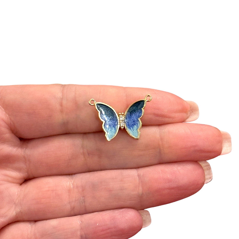 24Kt Gold Plated Enamelled Butterfly Connector Charm With Clear Cubic Zirconia