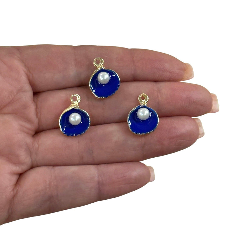 24Kt Gold Plated Navy Enamelled Oyster Charms With Pearl, 3 pcs in a pack