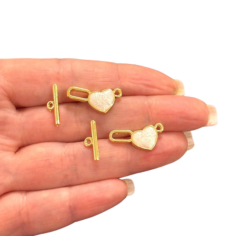 2 Sets 24Kt Shiny Gold Plated Ivory Enamelled Toggle Clasps,