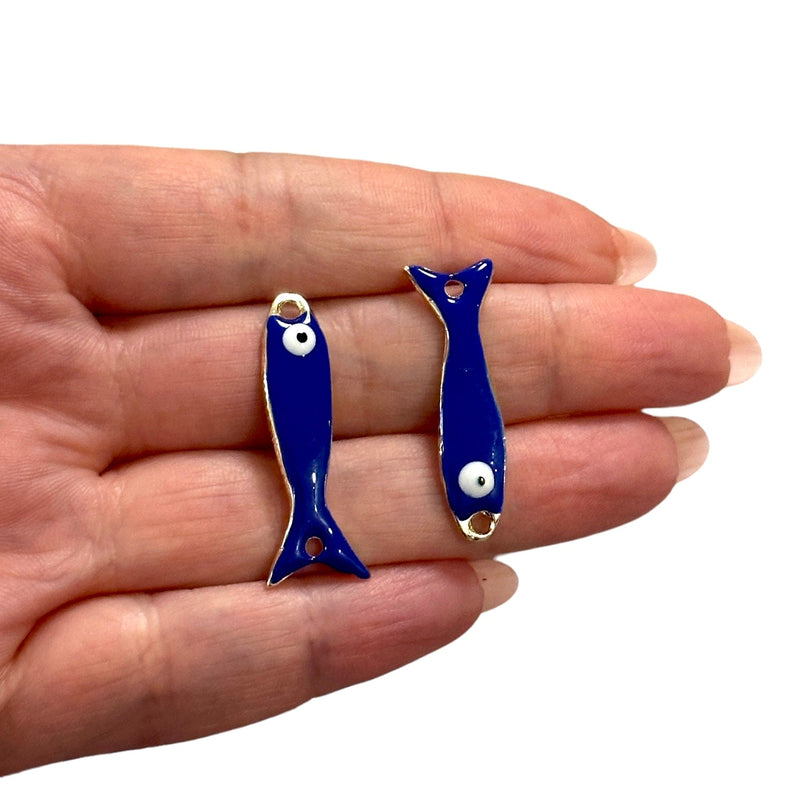 24Kt Gold Plated Navy Enamelled Fish Connector Charms, 2 pcs in a pack