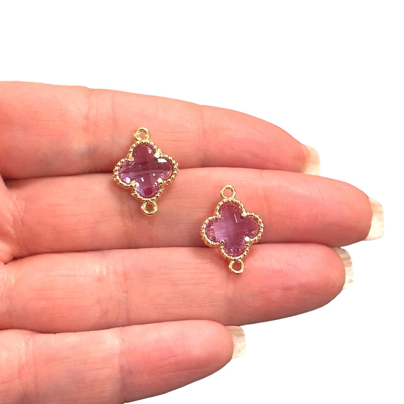 24Kt Gold Plated Lilac Glass Clover Connector Charm, 2 pcs in a pack