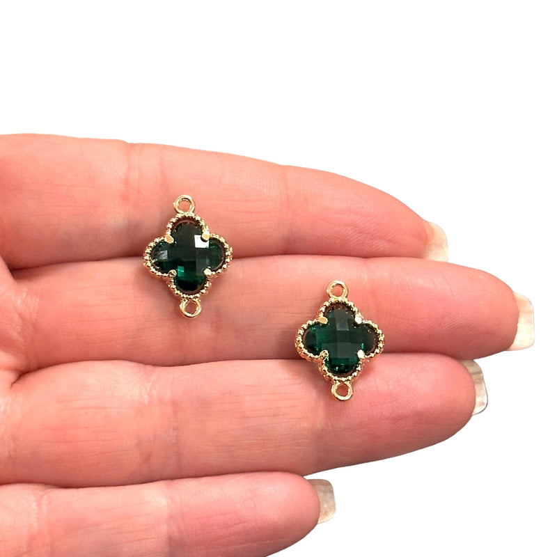 24Kt Gold Plated Emerald Glass Clover Connector Charm, 2 pcs in a pack