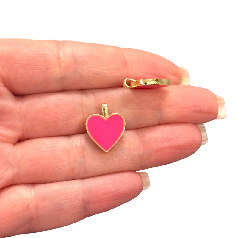 24Kt Gold Plated Double Side Neon Pink Enamelled Brass Heart Charms, 2 pcs in a pack