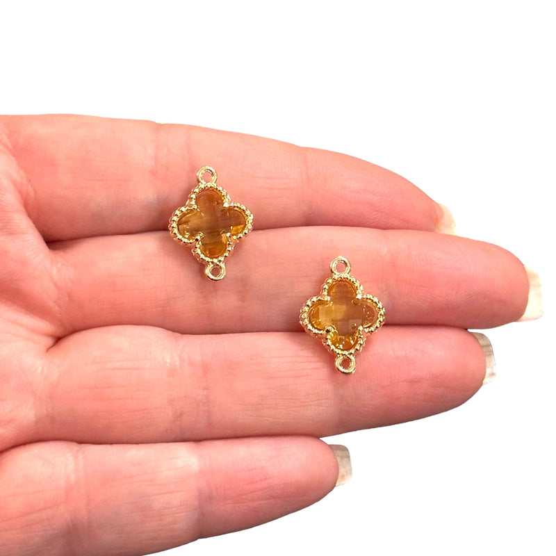 24Kt Gold Plated Citrine Glass Clover Connector Charm, 2 pcs in a pack