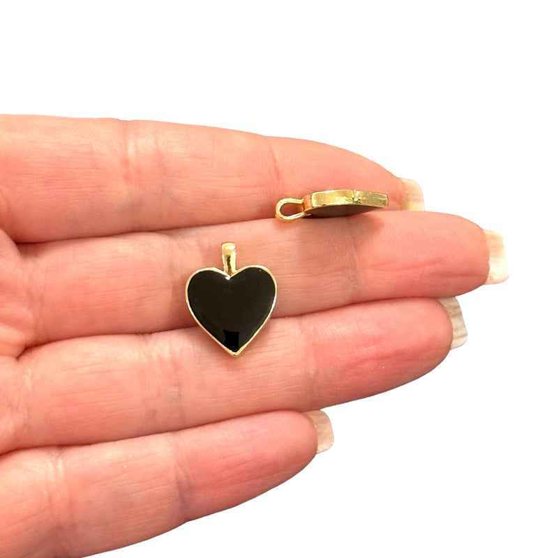 24Kt Gold Plated Double Side Black Enamelled Brass Heart Charms, 2 pcs in a pack