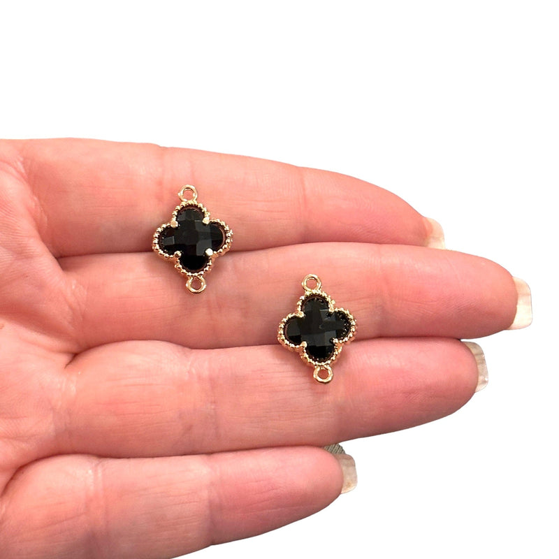 24Kt Gold Plated Black Glass Clover Connector Charm, 2 pcs in a pack