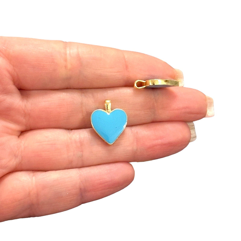 24Kt Gold Plated Double Side Sky Blue Enamelled Brass Heart Charms, 2 pcs in a pack