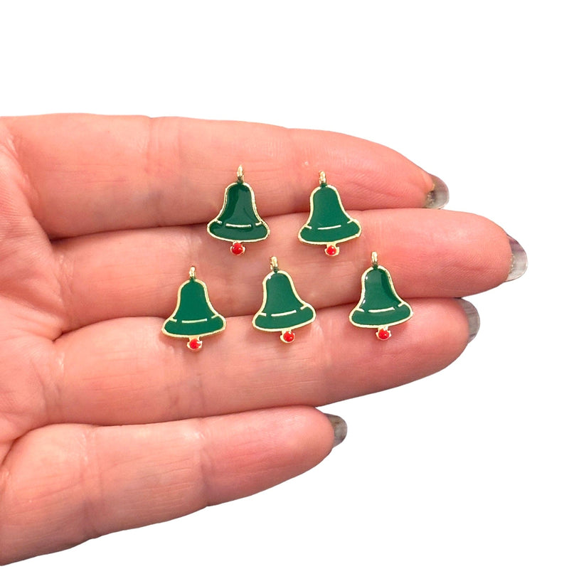 Charmes de cloche de Noël verts, charmes de cloche de Noël émaillés verts plaqués or 24 carats, 5 pièces dans un paquet