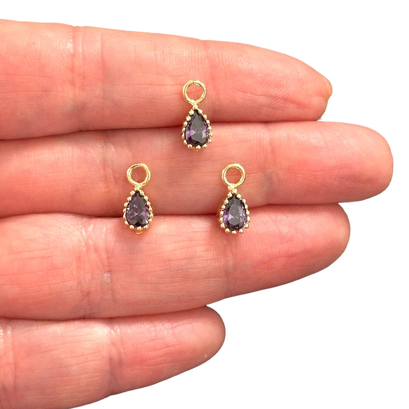 24Kt Gold Plated Drop Amethyst CZ Charms, 3 pcs in a pack