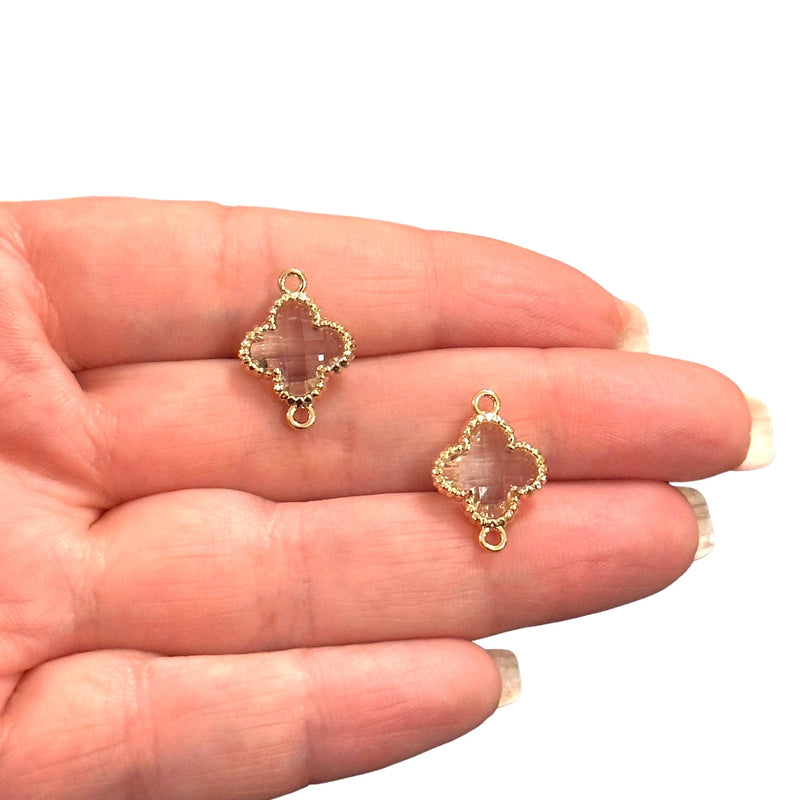 24Kt Gold Plated Clear Glass Clover Connector Charm, 2 pcs in a pack