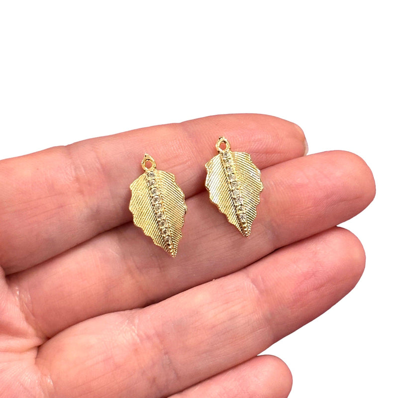 24Kt Gold Plated CZ Micro Pave Leaf Charms, 2 pcs in a pack