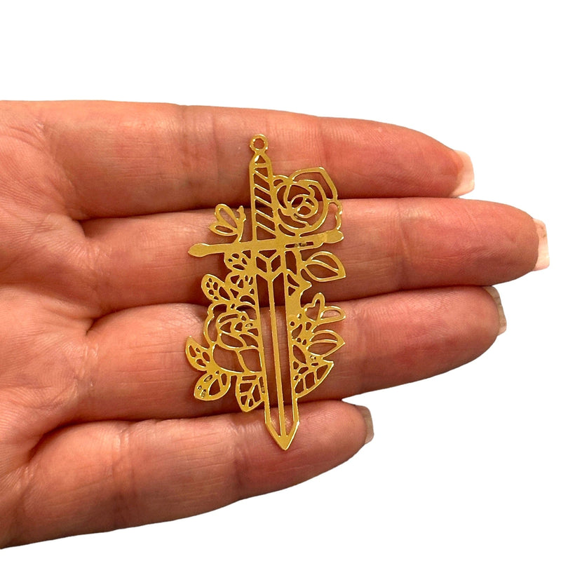 24Kt Gold Plated Sword with Flowers Charm, Laser Cut Sword with Flowers Charm