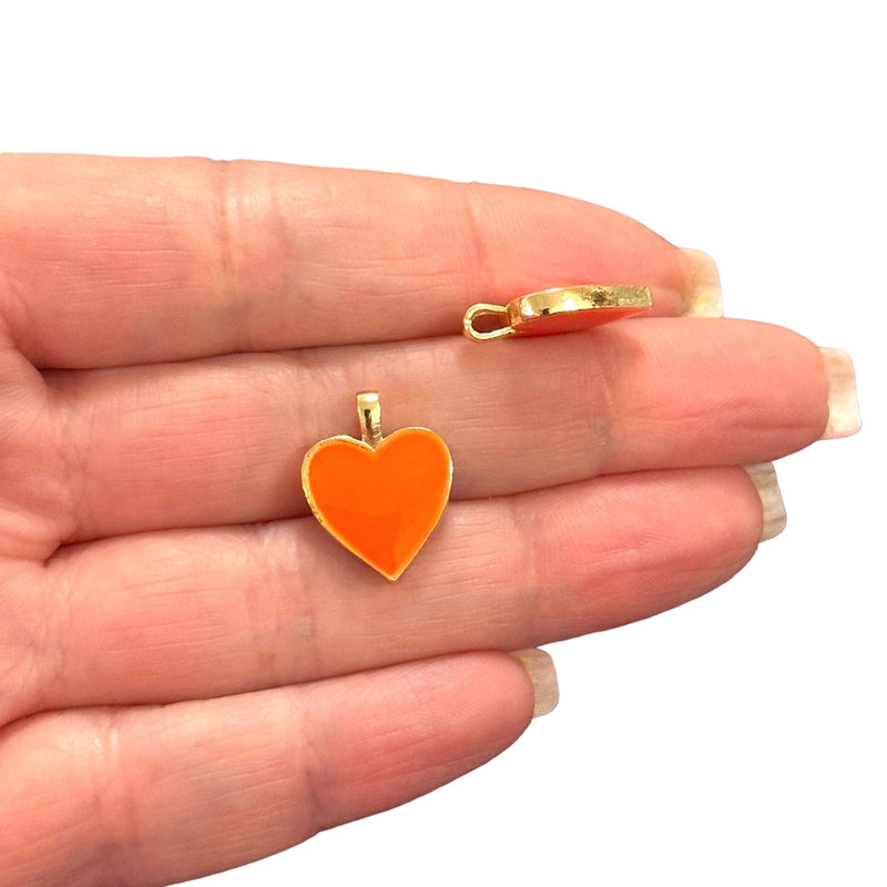 24Kt Gold Plated Double Side Neon Orange Enamelled Brass Heart Charms, 2 pcs in a pack