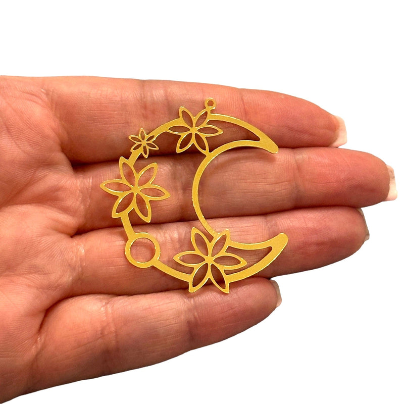 24Kt Gold Plated Crescent with Flower Charm, Laser Cut Crescent with Flower Charm