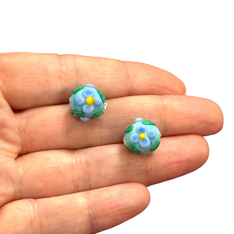 Hand Made Murano Glass Floral Bloom Round Beads, 2 pcs in a pack