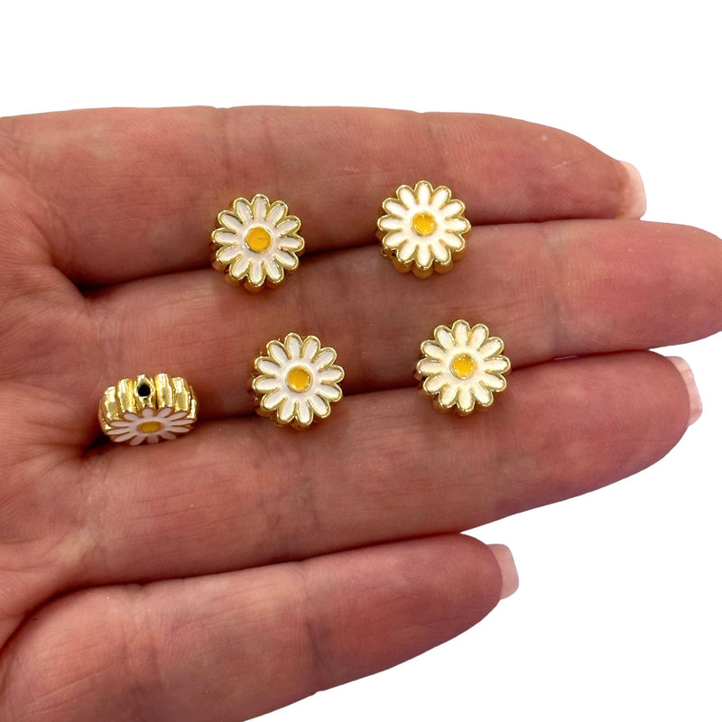 24Kt Gold Plated Double Side Enamelled Daisy Charms, 5 pcs in a pack