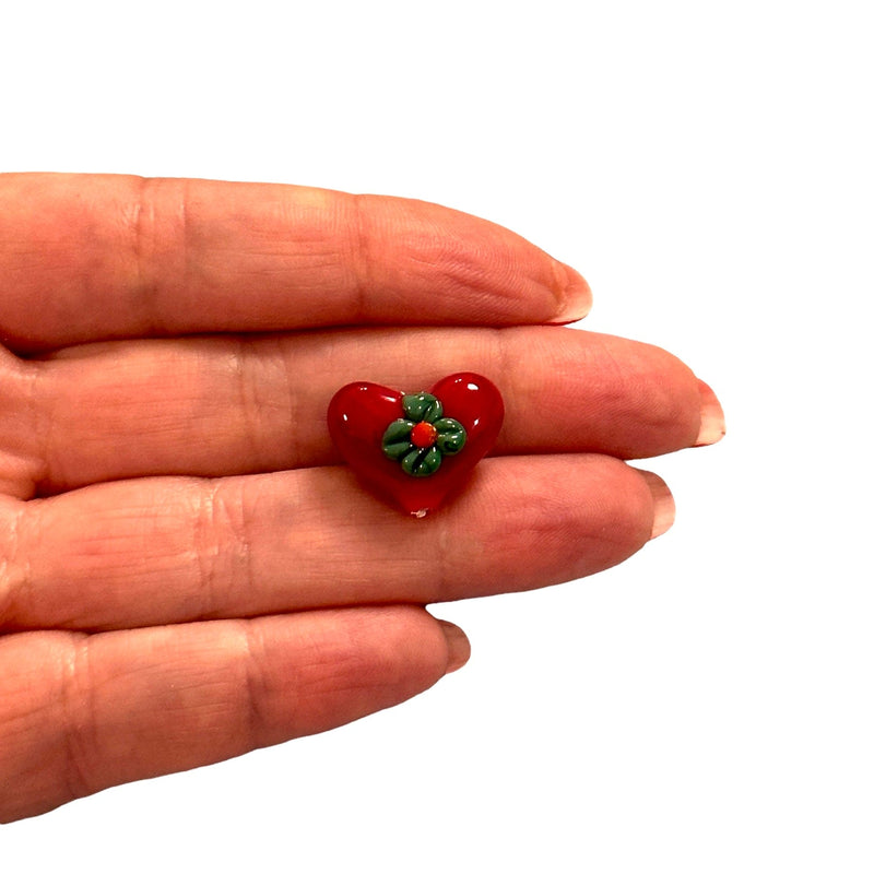 Hand Made Murano Glass Heart With Holly Flower Charm, Vertical Hole Red Heart Charm