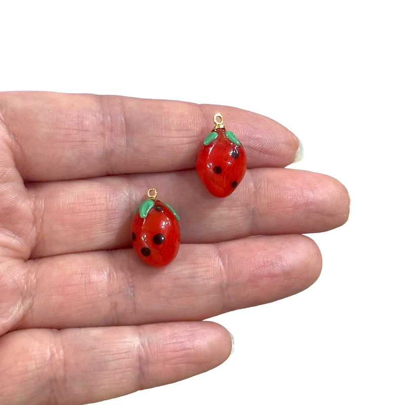 Hand Made Murano Glass Strawberry Charms With 24Kt Gold Plated Pin, 2 pcs in a pack