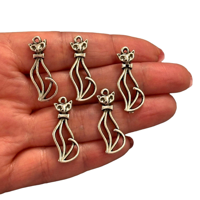 Antique Silver Plated Cat Charms, Silver Cat Collection Charms, 5 pcs in a pack