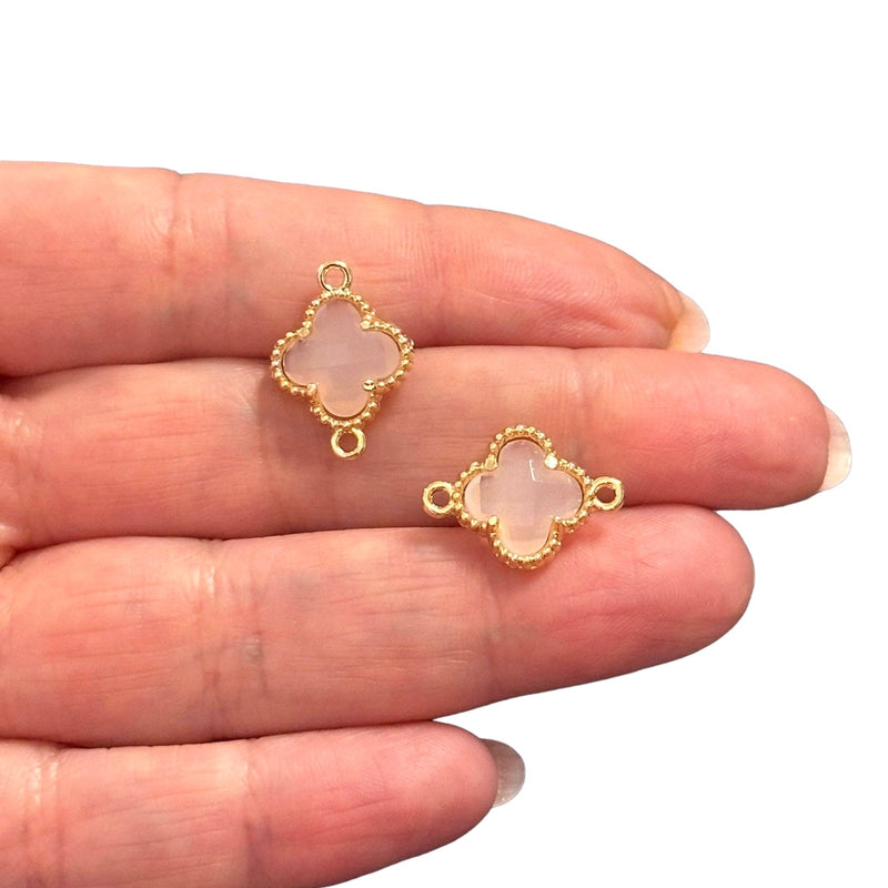 24Kt Gold Plated Pink Opal Glass Clover Connector Charm, 2 pcs in a pack