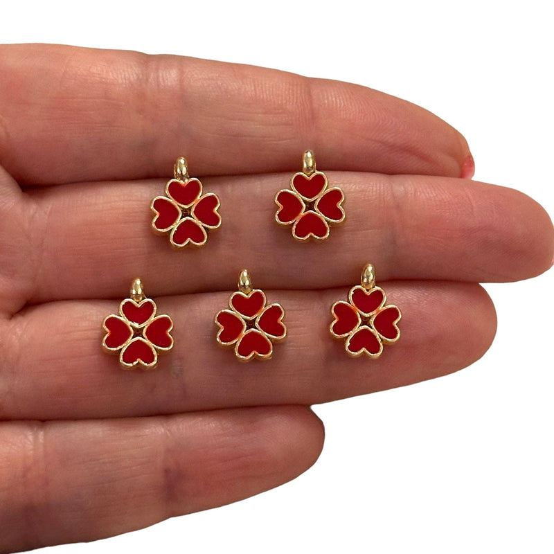 24Kt Gold Plated Red Enamelled Clover Charms, 5 pcs in a Pack