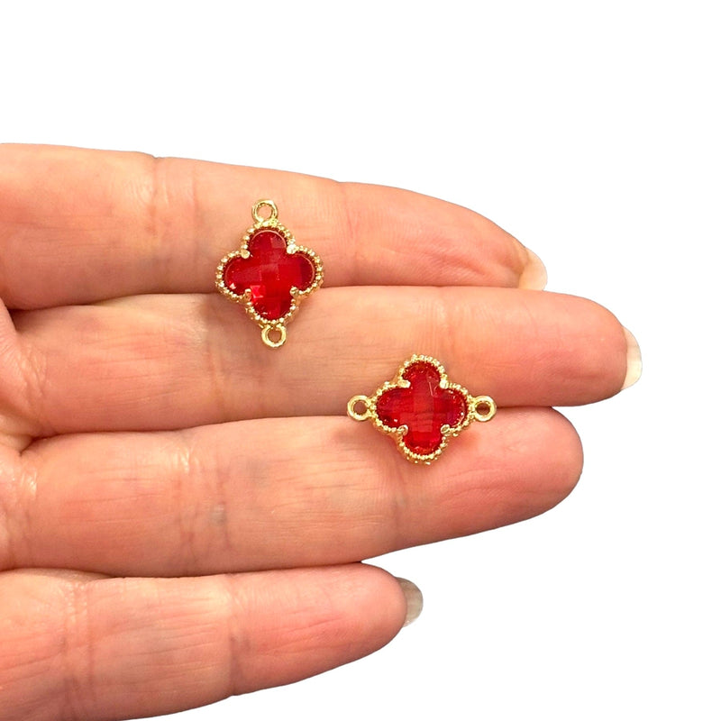 24Kt Gold Plated Red Glass Clover Connector Charm, 2 pcs in a pack