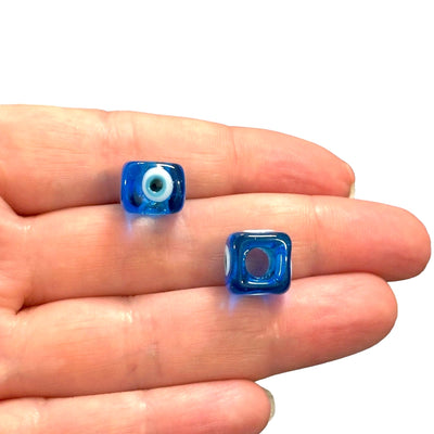 Hand Made Murano Glass Square Beads Featuring 4-Side Evil Eye, 2 pcs in a pack