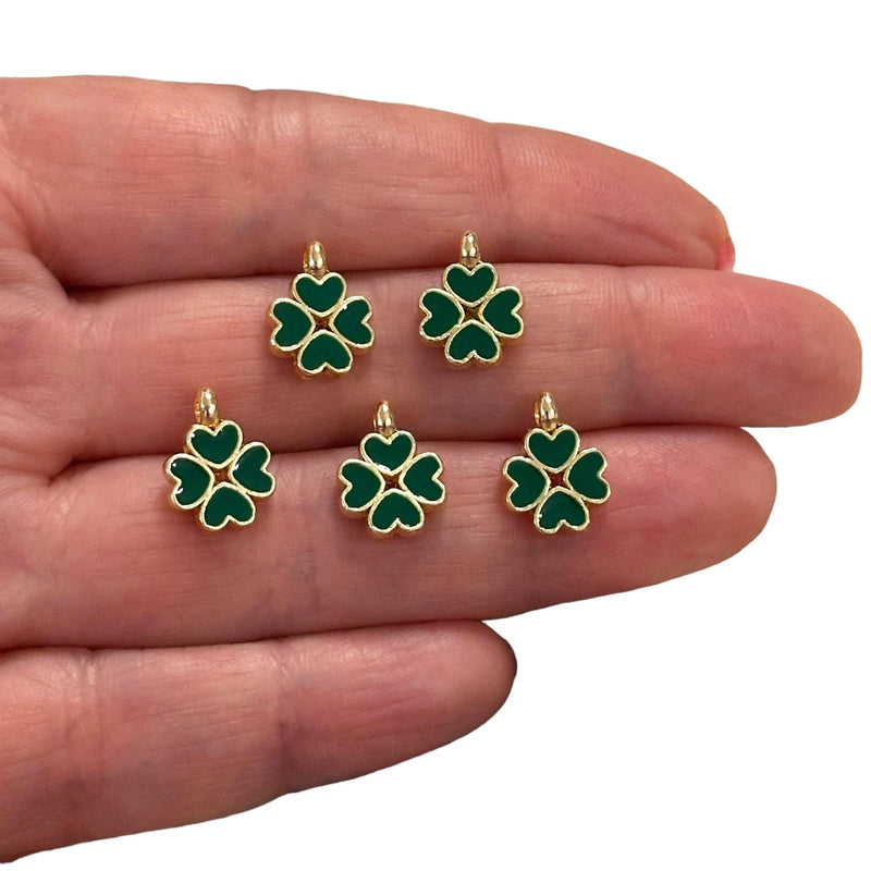 24Kt Gold Plated Green Enamelled Clover Charms, 5 pcs in a Pack