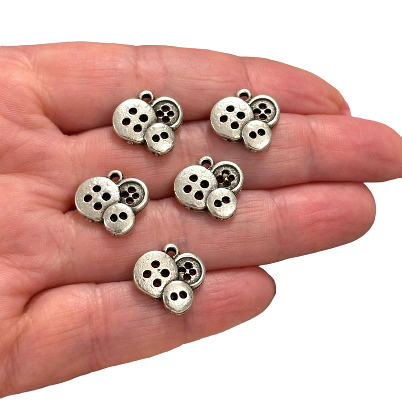 Antique Silver Plated Buttons Charms, Silver Sewing Charms, 5 pcs in a pack