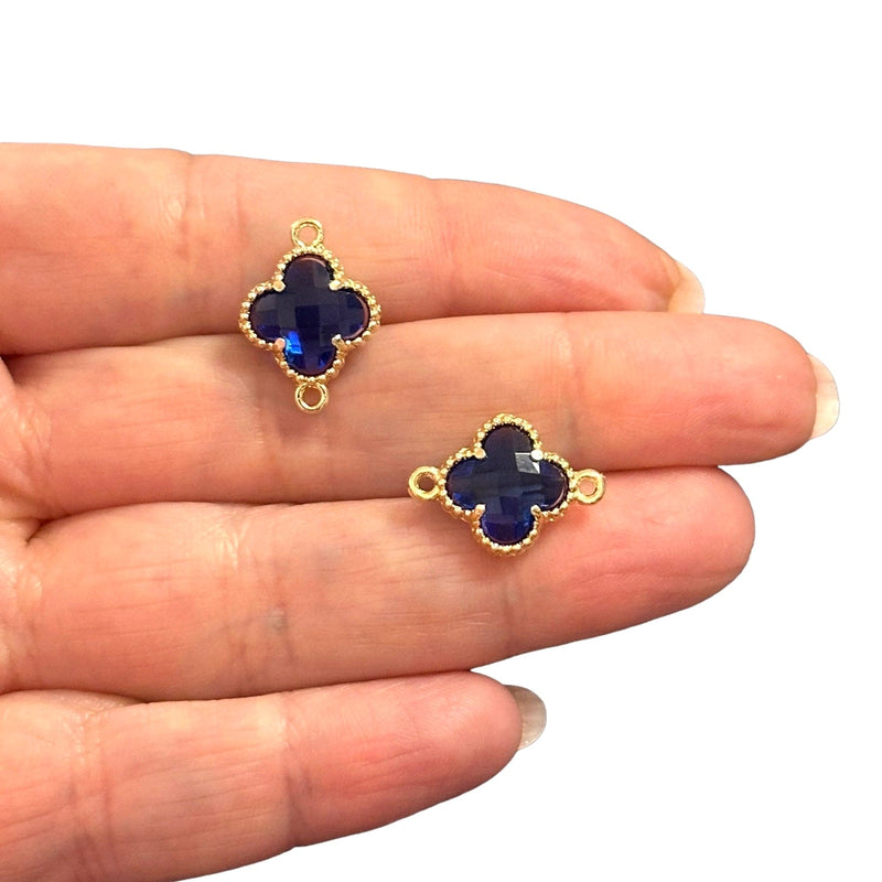 24Kt Gold Plated Sapphire Glass Clover Connector Charm, 2 pcs in a pack