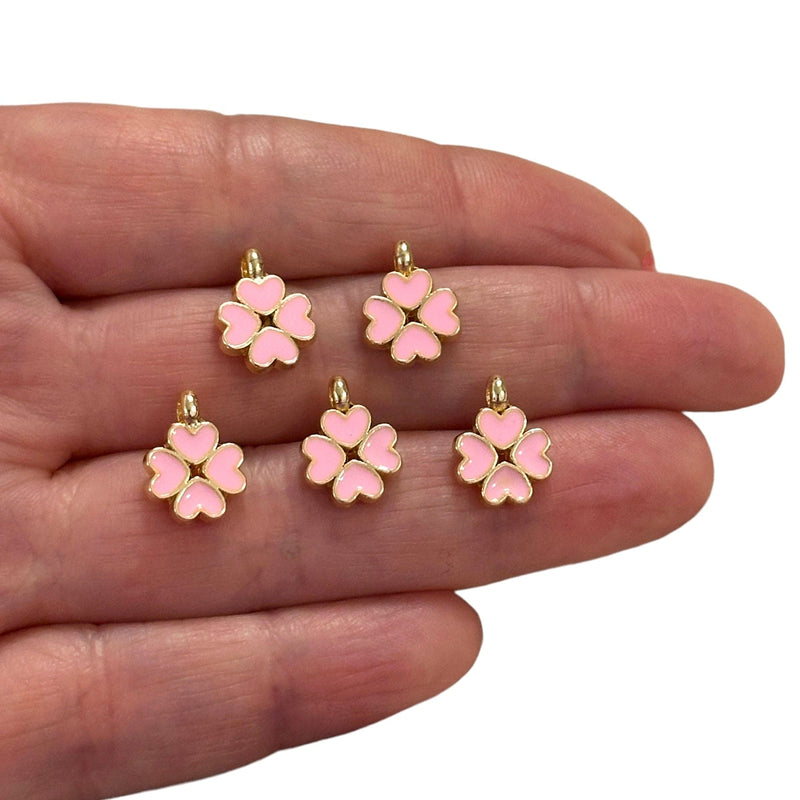 24Kt Gold Plated Pink Enamelled Clover Charms, 5 pcs in a Pack