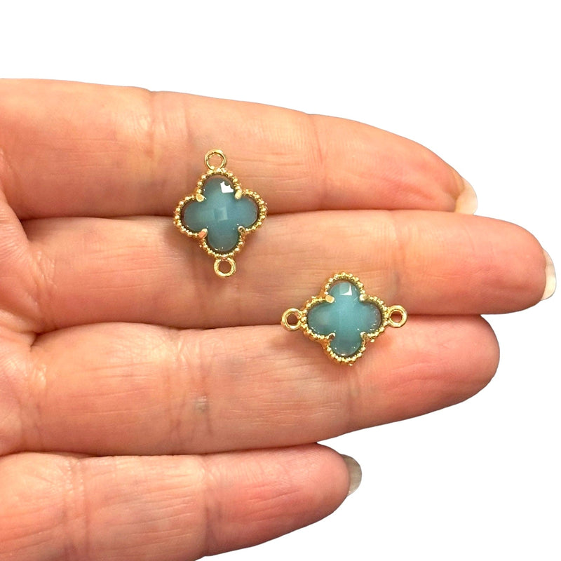 24Kt Gold Plated Blue Opal Glass Clover Connector Charm, 2 pcs in a pack