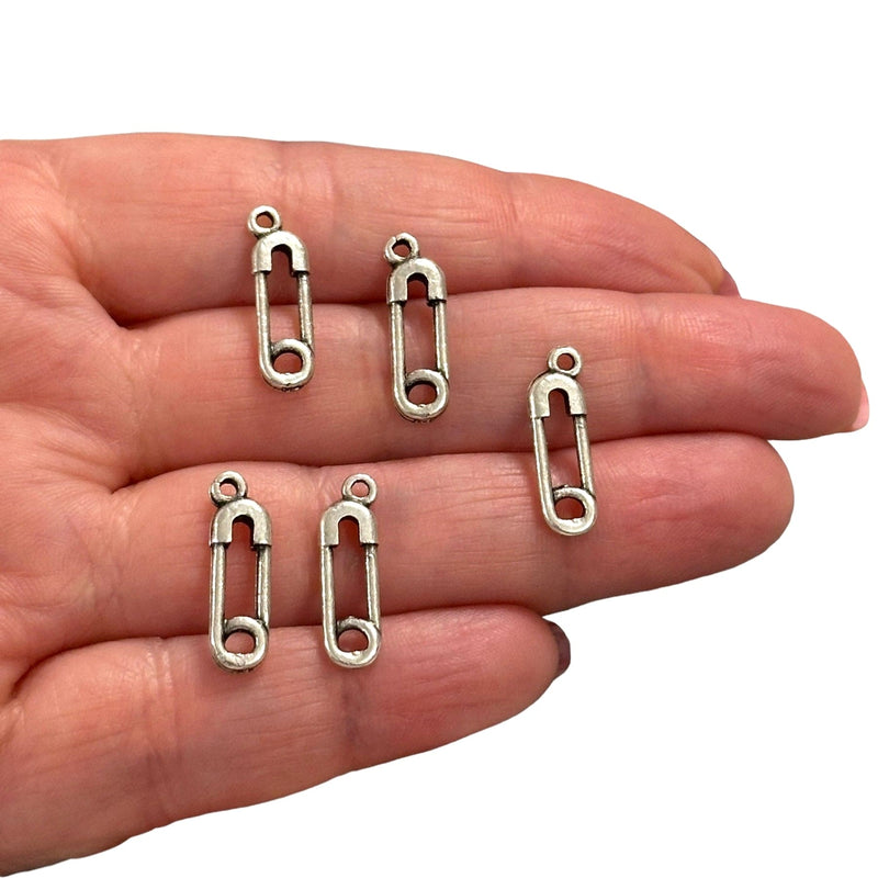 Antique Silver Plated Safety Pin Charms, Silver Sewing Charms, 5 pcs in a pack