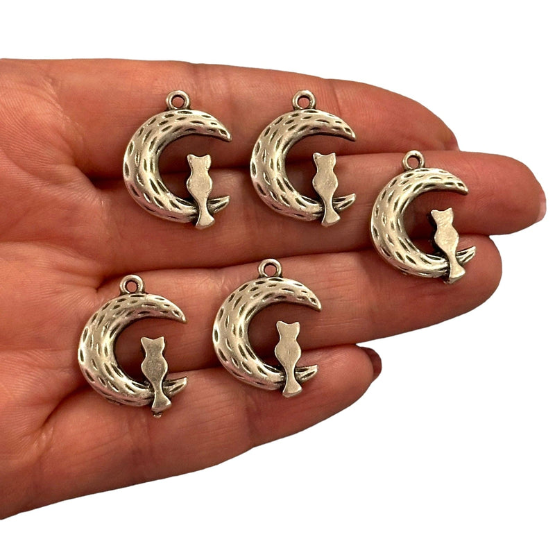 Antique Silver Plated Cat Moon Charms, Silver Cat Collection Charms, 5 pcs in a pack