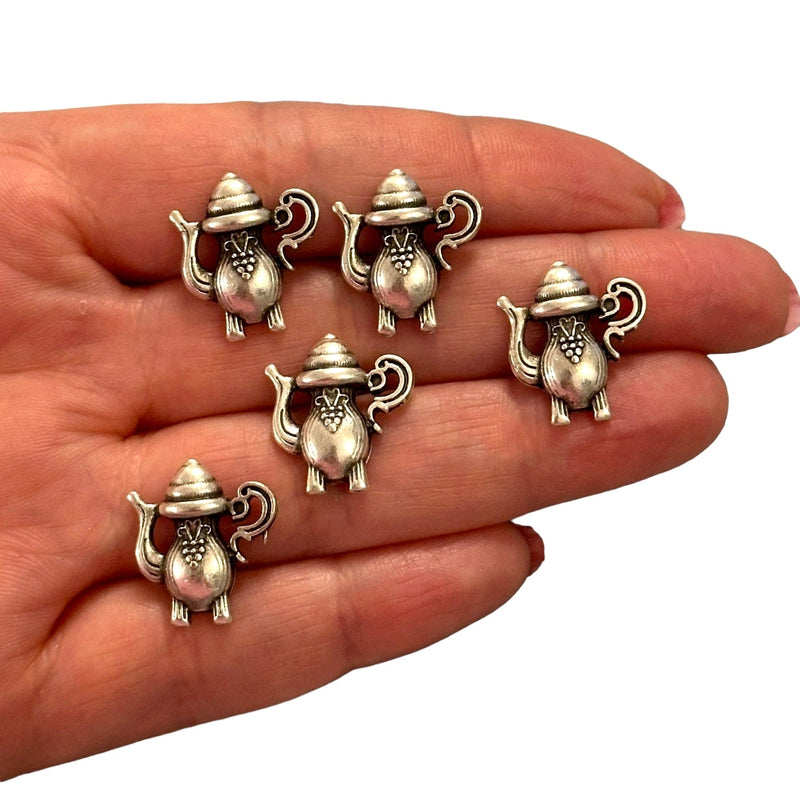 Antique Silver Plated Tea Pot Charms, Silver Tea Time Collection Charms, 5 pcs in a pack