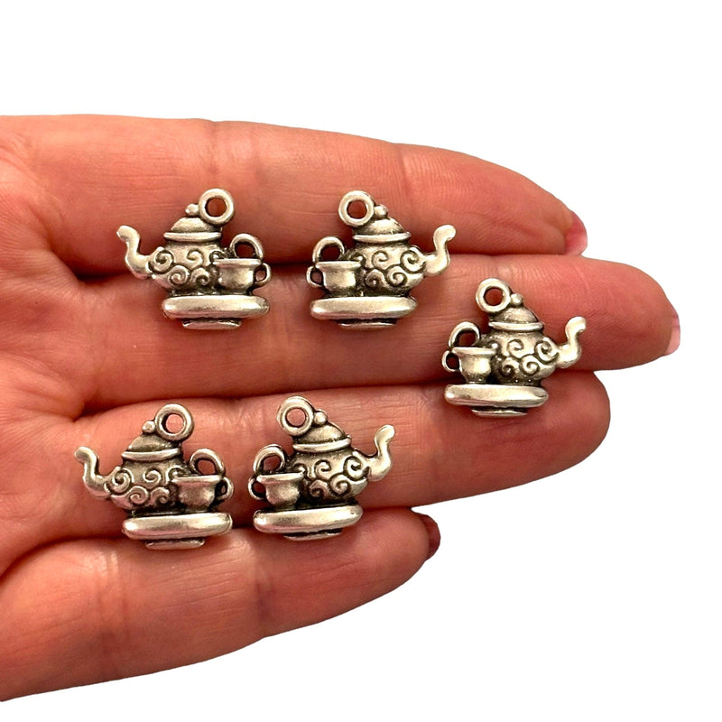 Antique Silver Plated Tea Pot Charms, Silver Tea Time Collection Charms, 5 pcs in a pack