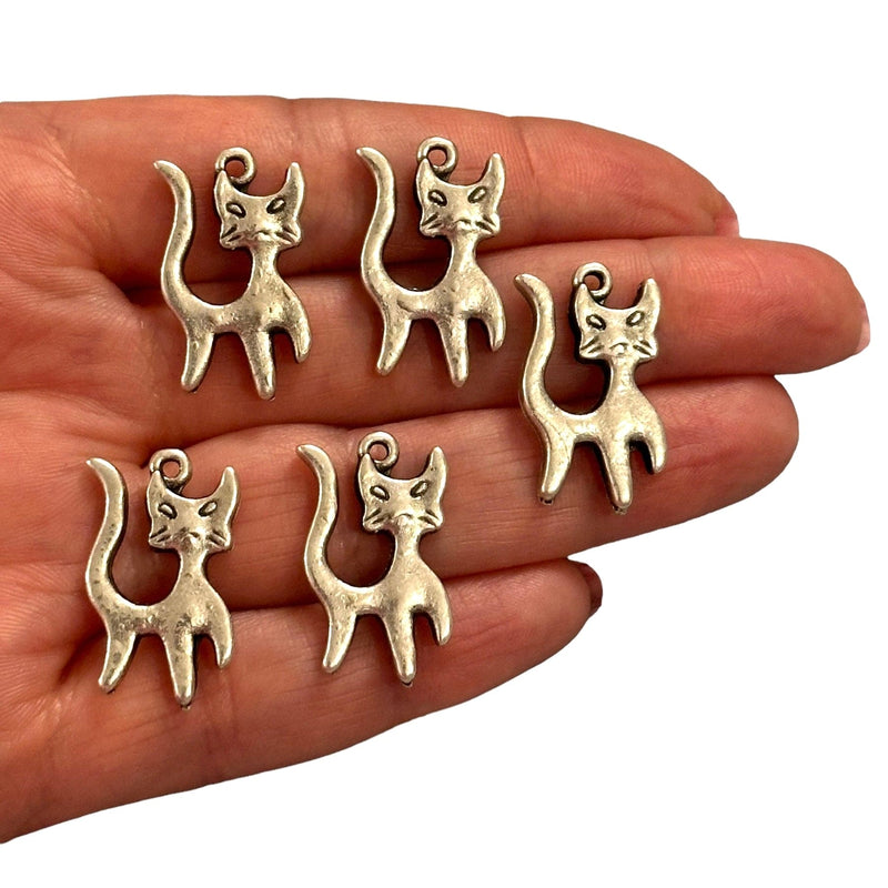 Antique Silver Plated Cat Charms, Silver Cat Collection Charms, 5 pcs in a pack