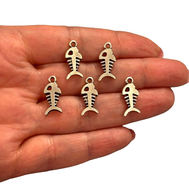 Antique Silver Plated Fish Bone Charms, Silver Cat Collection Charms, 5 pcs in a pack