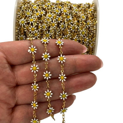 White Daisy Rosary Chain, 24Kt Gold Plated Double Sided Rosary Chain