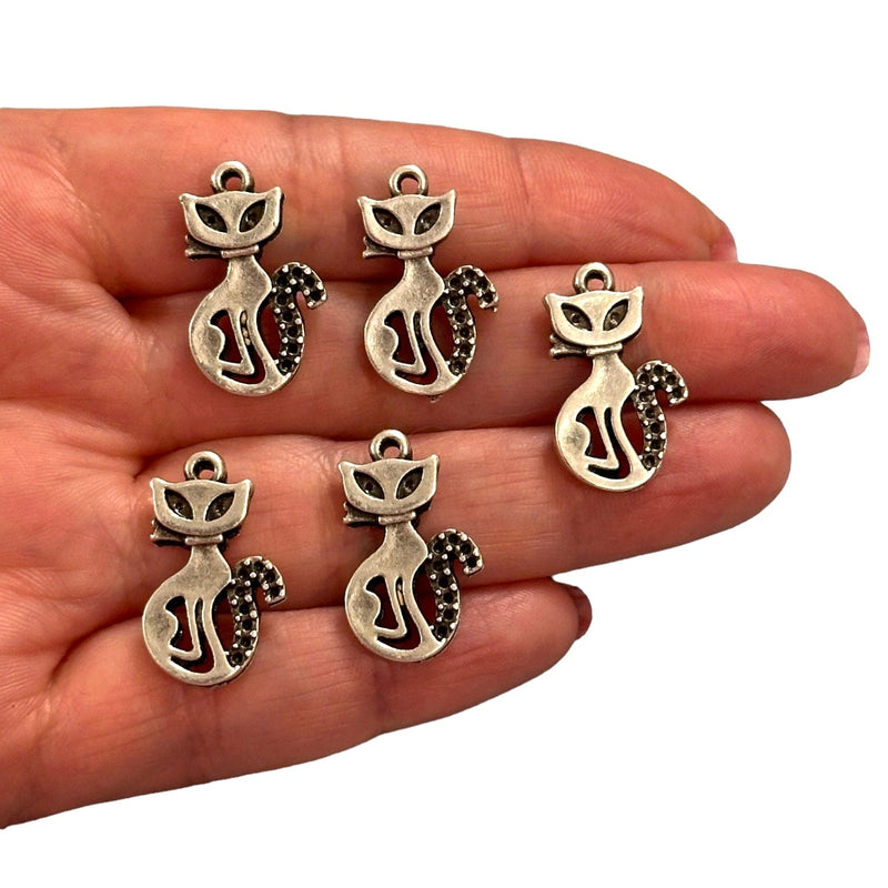 Antique Silver Plated Cat Charms, Silver Cat Collection Charms, 5 pcs in a pack