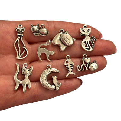 Antique Silver Plated Cat Charms Collection, 9 Charms in a pack