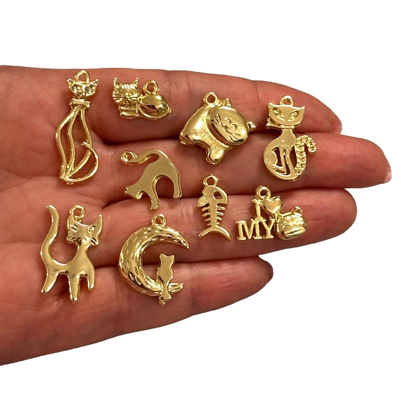 24Kt Gold Plated Cat Charms Collection, 9 Charms in a pack