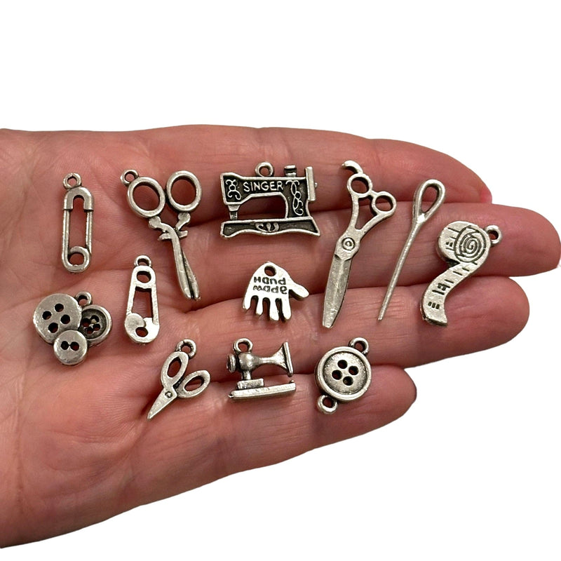 Antique Silver Plated Sewing Charms Collection, 12 Charms in a pack