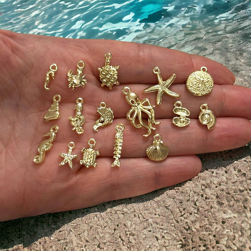 24Kt Gold Plated Under The Sea Charms Collection, 16 Charms in a pack